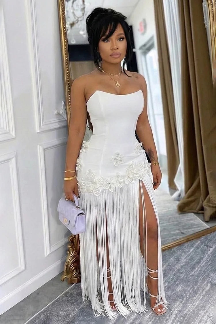 Strapless 3D Flower Fringe Patchwork Gowns Maxi Dress