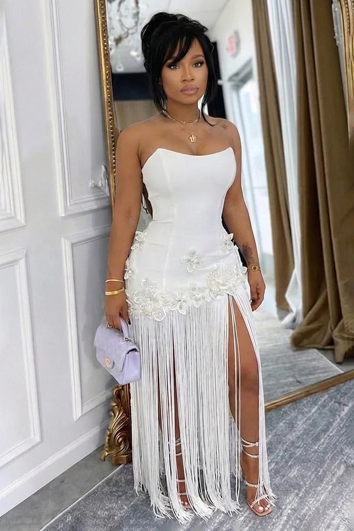 Strapless 3D Flower Fringe Patchwork Gowns Maxi Dress