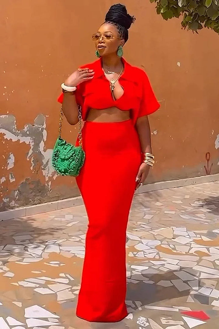 Dropped Shoulder Crop Blouse Slim-Fit Maxi Skirt 2pcs Set