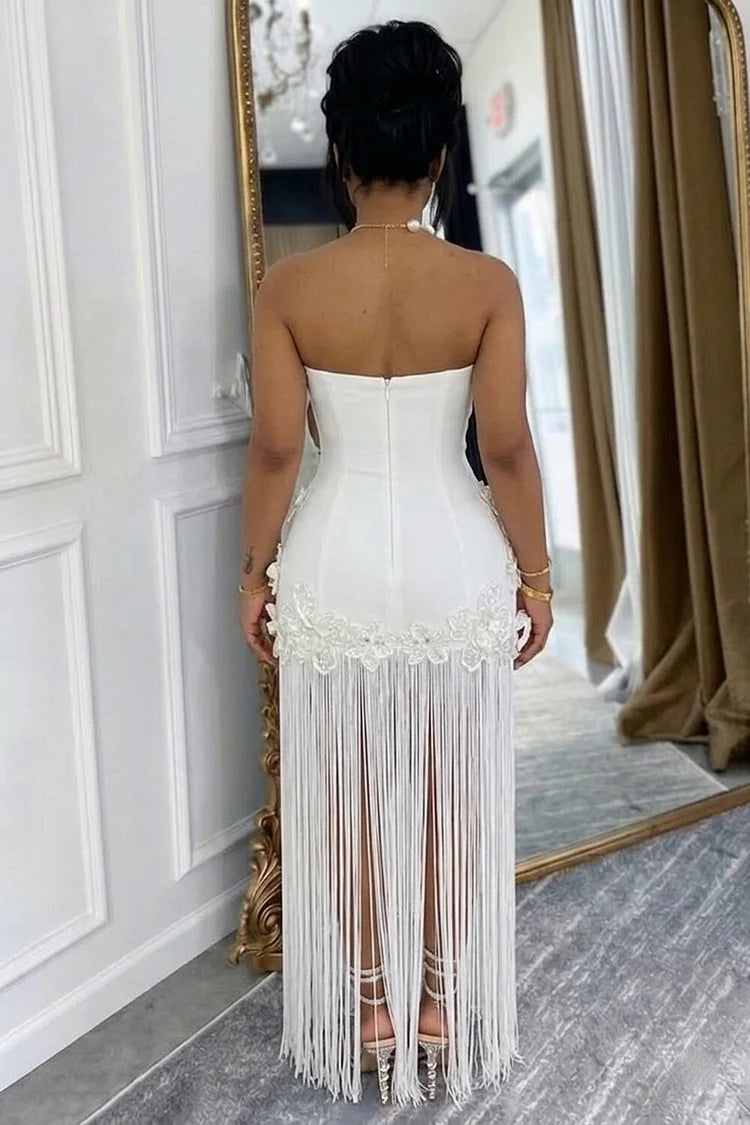Strapless 3D Flower Fringe Patchwork Gowns Maxi Dress
