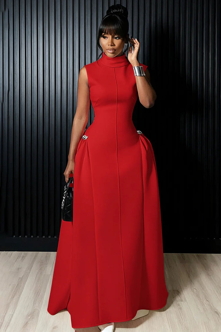 Mock Neck Sleeveless Cinched Seam Detail Party Maxi Dress