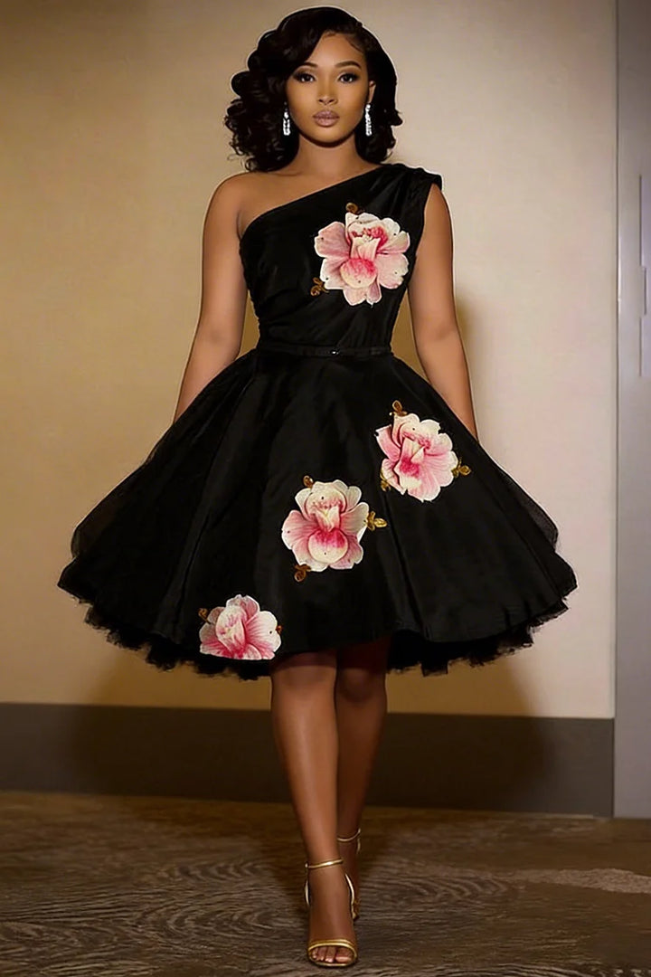 One Shoulder Cinch Waist Floral A-Line Gowns Mini Dress