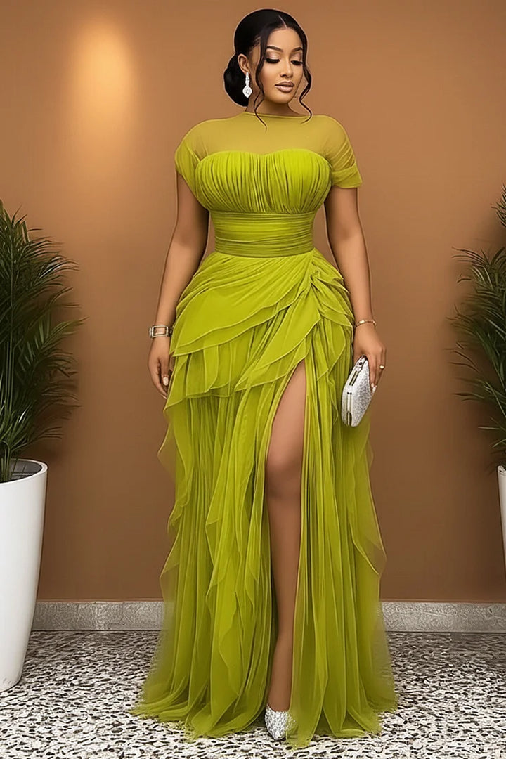 Short Sleeve Cinch Waist High Slit Tulle Gowns Maxi Dress