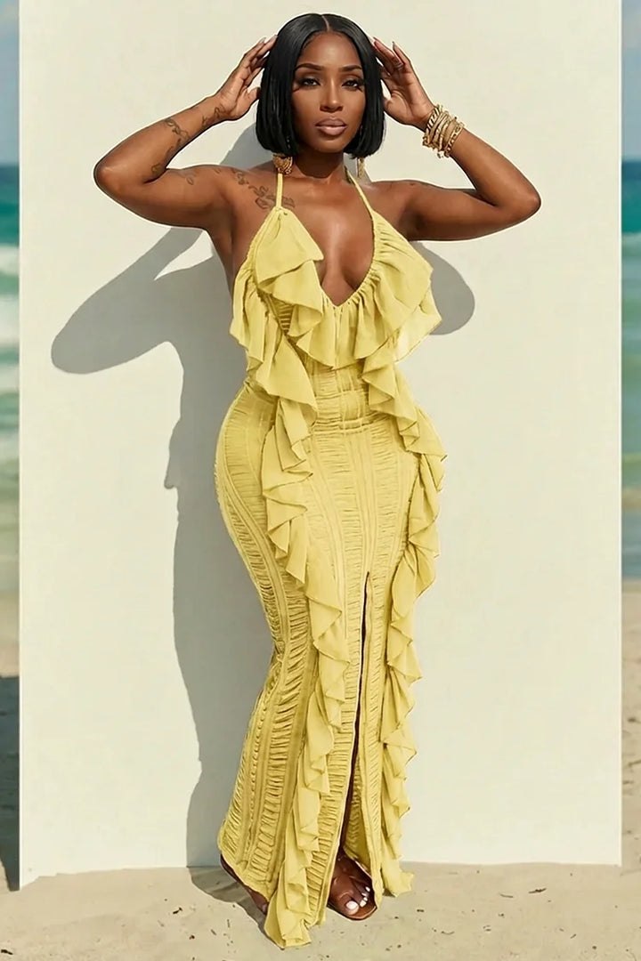 Halter Backless Ruffle Trim Slit Slim Fit Maxi Dress
