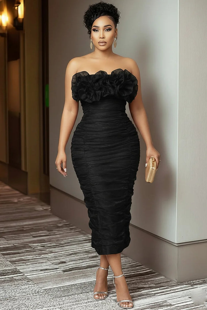 Strapless 3D Flower Ruched Cinch Waist Slim Fit Maxi Dress