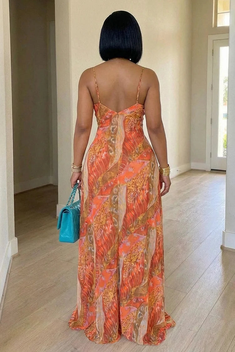 Spaghetti Strap Backless Cinch Waist Vacation Maxi Dress