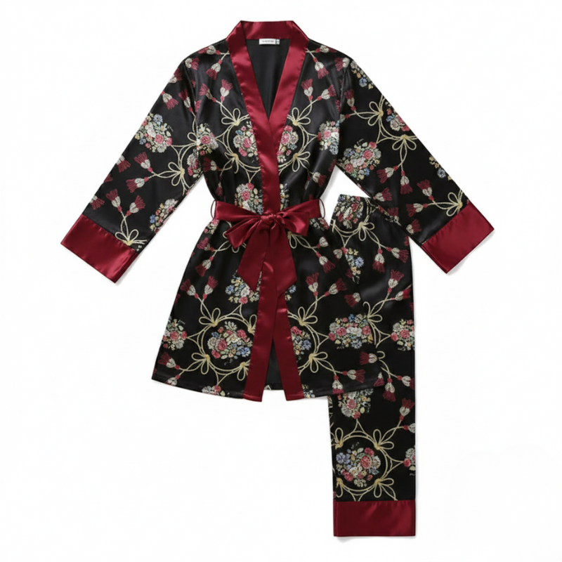 Crimson Bloom Satin Pajamas Set