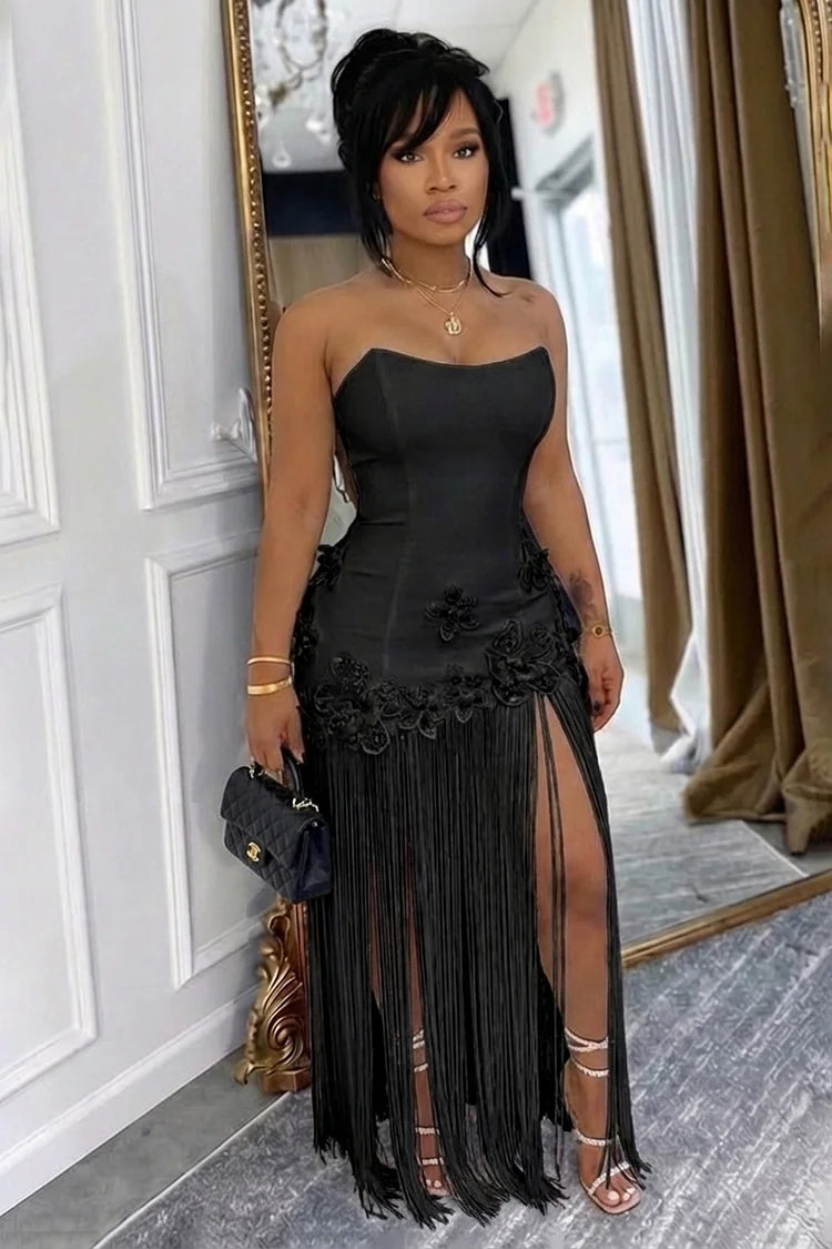 Strapless 3D Flower Fringe Patchwork Gowns Maxi Dress