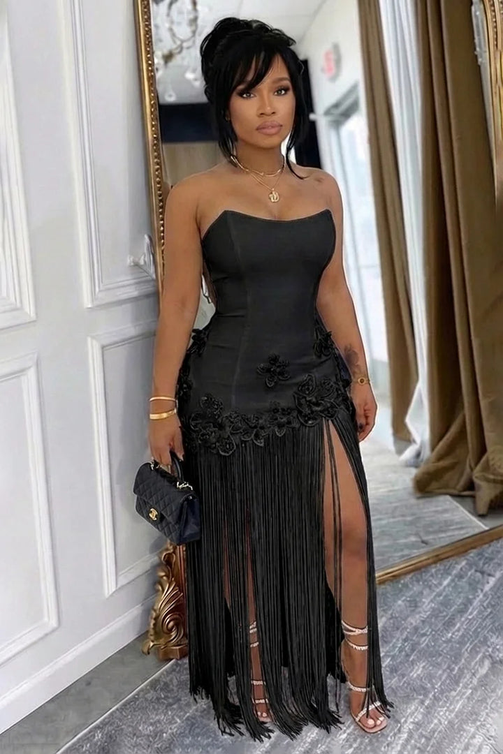 Strapless 3D Flower Fringe Patchwork Gowns Maxi Dress