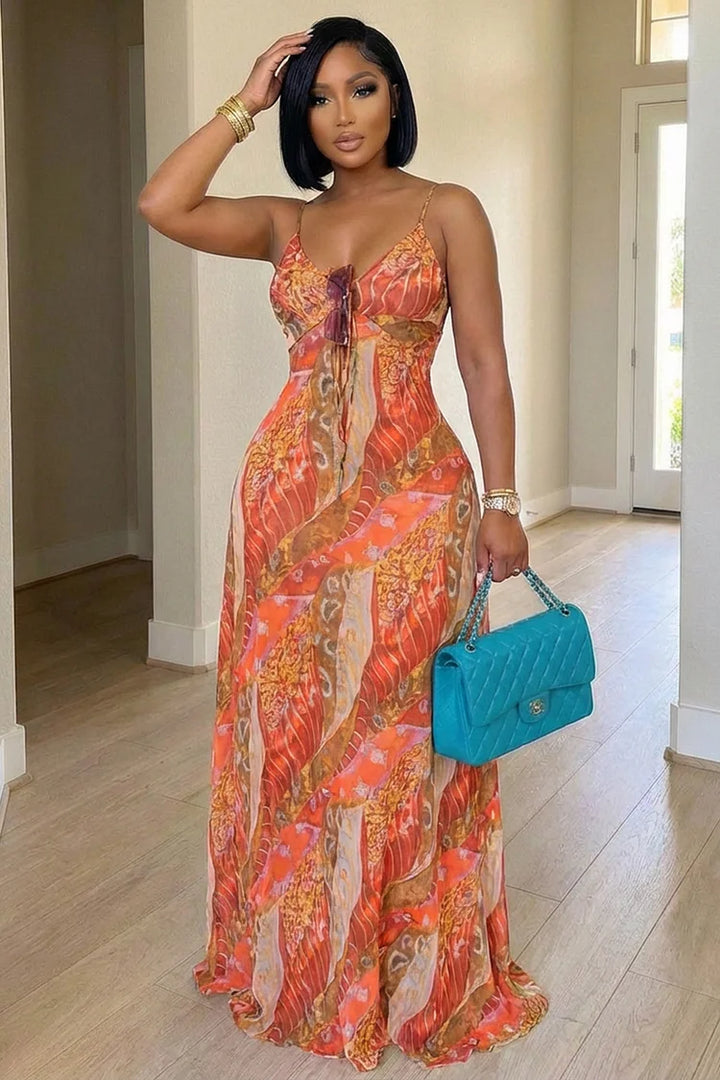 Spaghetti Strap Backless Cinch Waist Vacation Maxi Dress