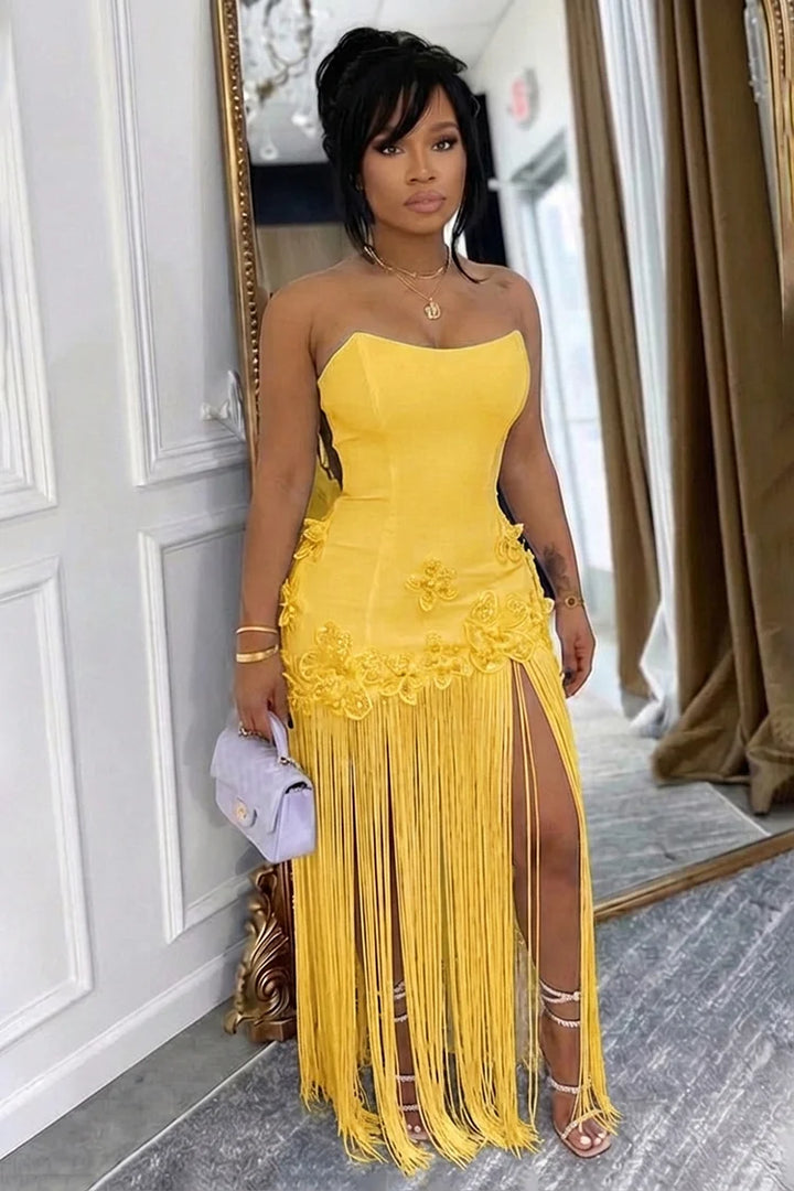 Strapless 3D Flower Fringe Patchwork Gowns Maxi Dress