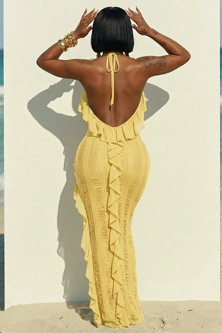 Halter Backless Ruffle Trim Slit Slim Fit Maxi Dress
