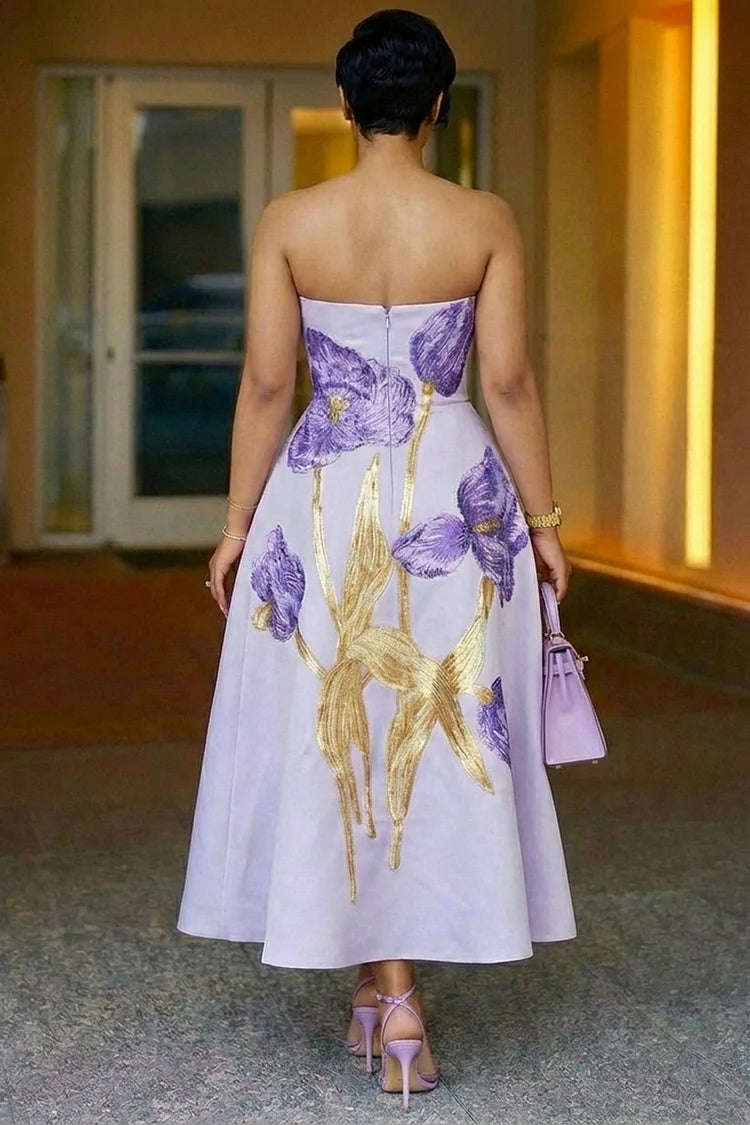 Strapless Flower Cinch Waist Loose Fit Party Maxi Dress
