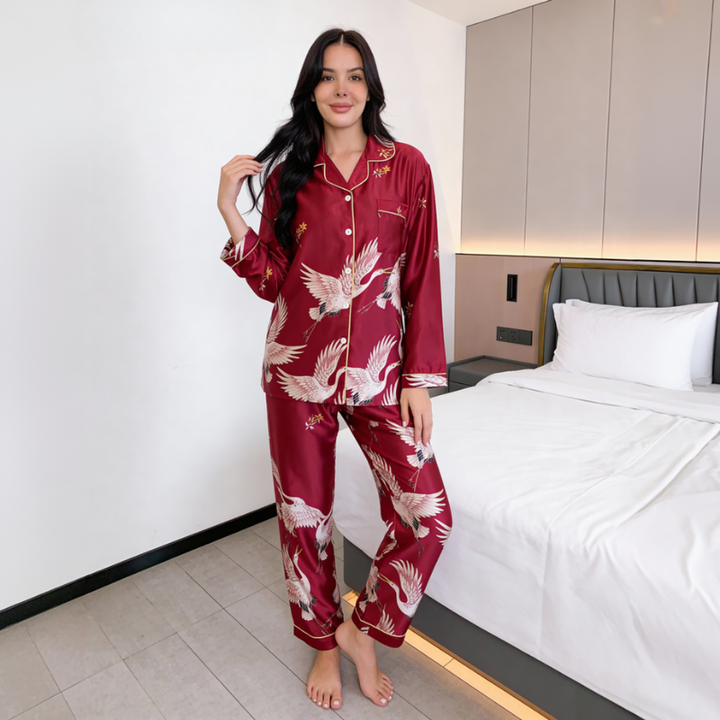 Crane Print Long Sleeve Pajamas Set