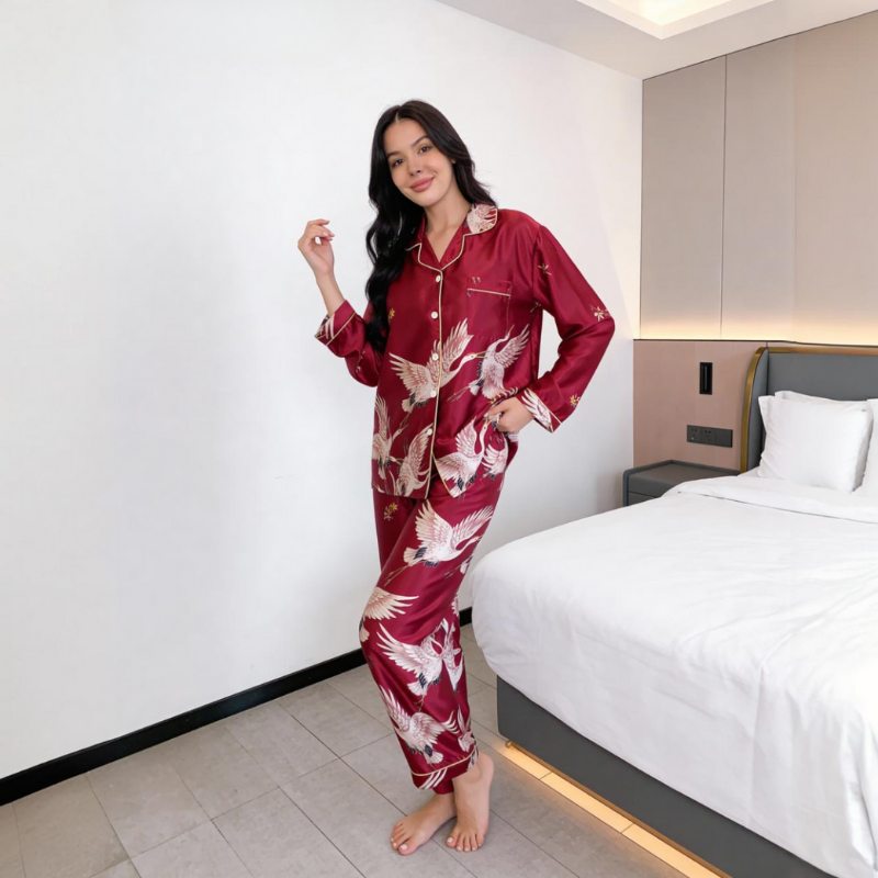Crane Print Long Sleeve Pajamas Set