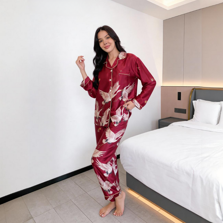 Crane Print Long Sleeve Pajamas Set