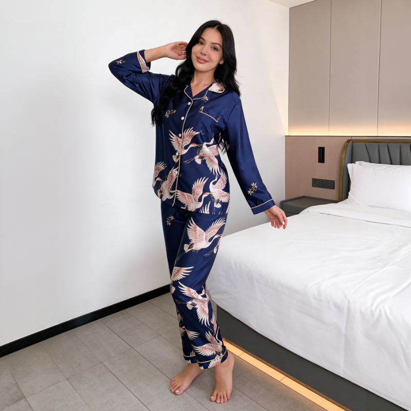 Crane Print Long Sleeve Pajamas Set