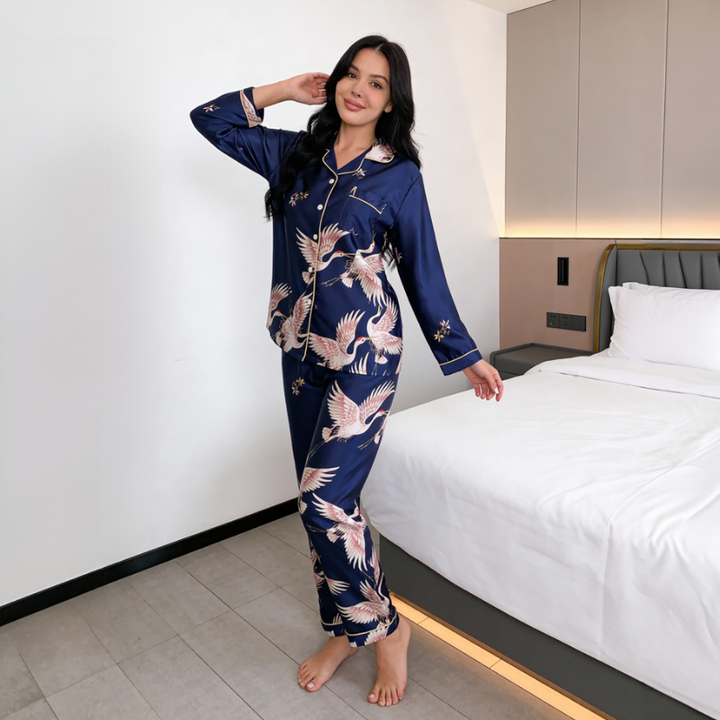 Crane Print Long Sleeve Pajamas Set