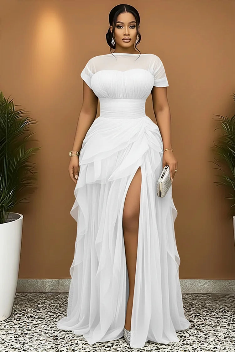 Short Sleeve Cinch Waist High Slit Tulle Gowns Maxi Dress