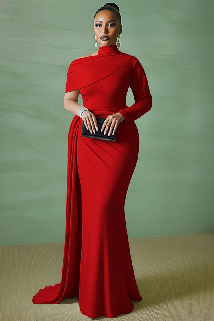 Asymmetric Mock Neck Long Sleeve Sash Party Maxi Dress