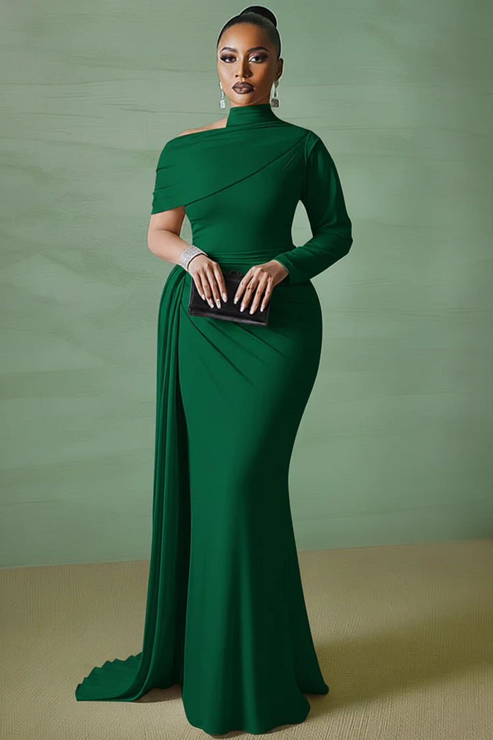 Asymmetric Mock Neck Long Sleeve Sash Party Maxi Dress