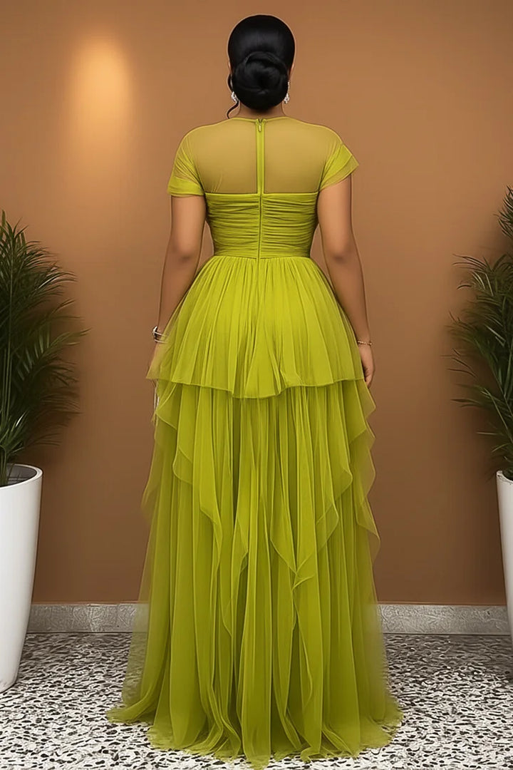 Short Sleeve Cinch Waist High Slit Tulle Gowns Maxi Dress