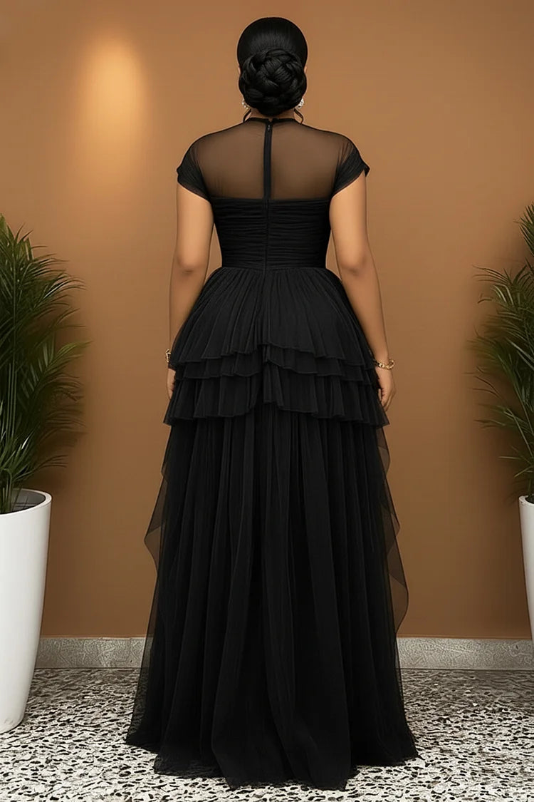 Short Sleeve Cinch Waist High Slit Tulle Gowns Maxi Dress