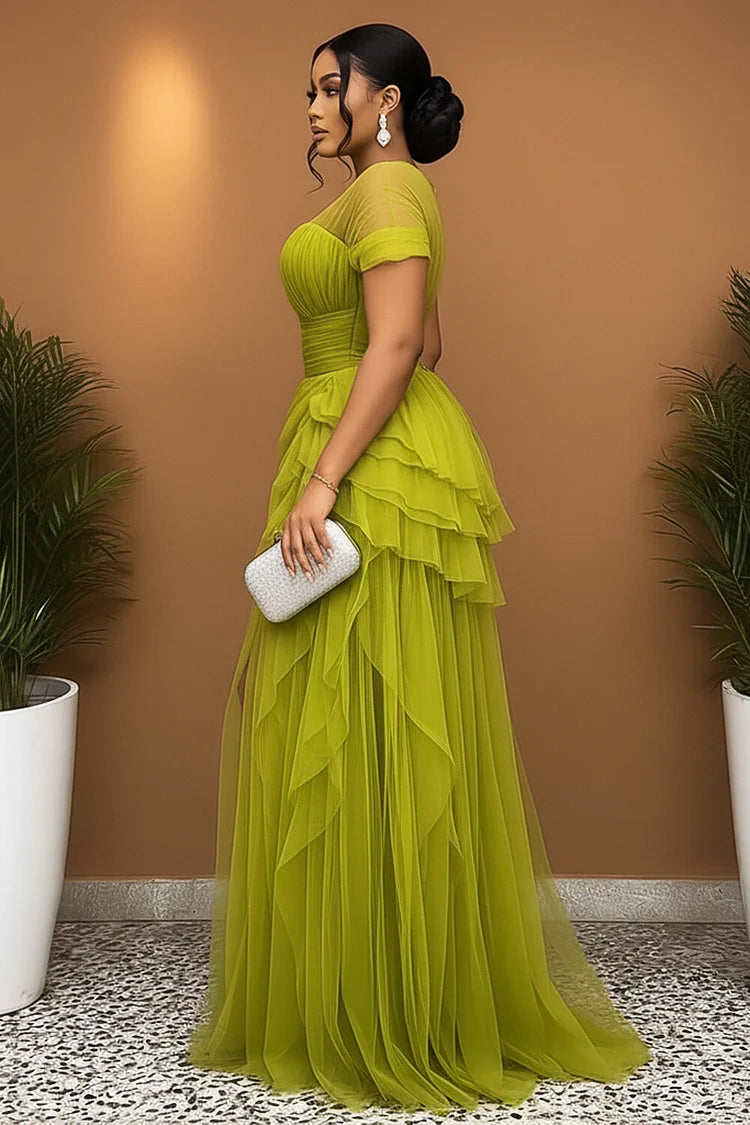Short Sleeve Cinch Waist High Slit Tulle Gowns Maxi Dress