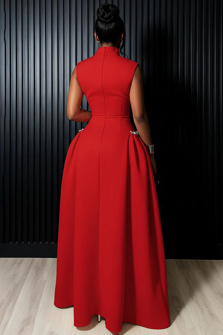 Mock Neck Sleeveless Cinched Seam Detail Party Maxi Dress