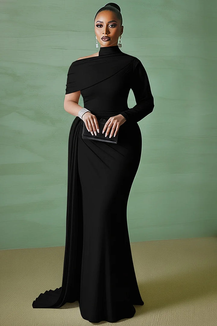 Asymmetric Mock Neck Long Sleeve Sash Party Maxi Dress