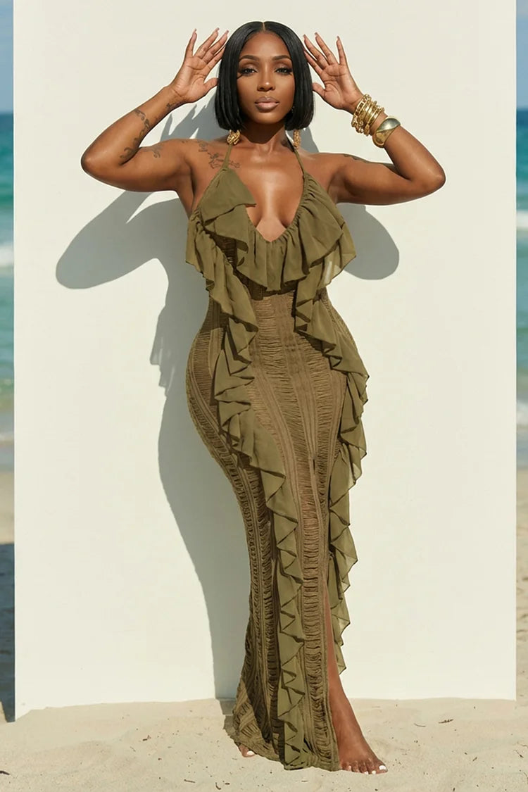 Halter Backless Ruffle Trim Slit Slim Fit Maxi Dress