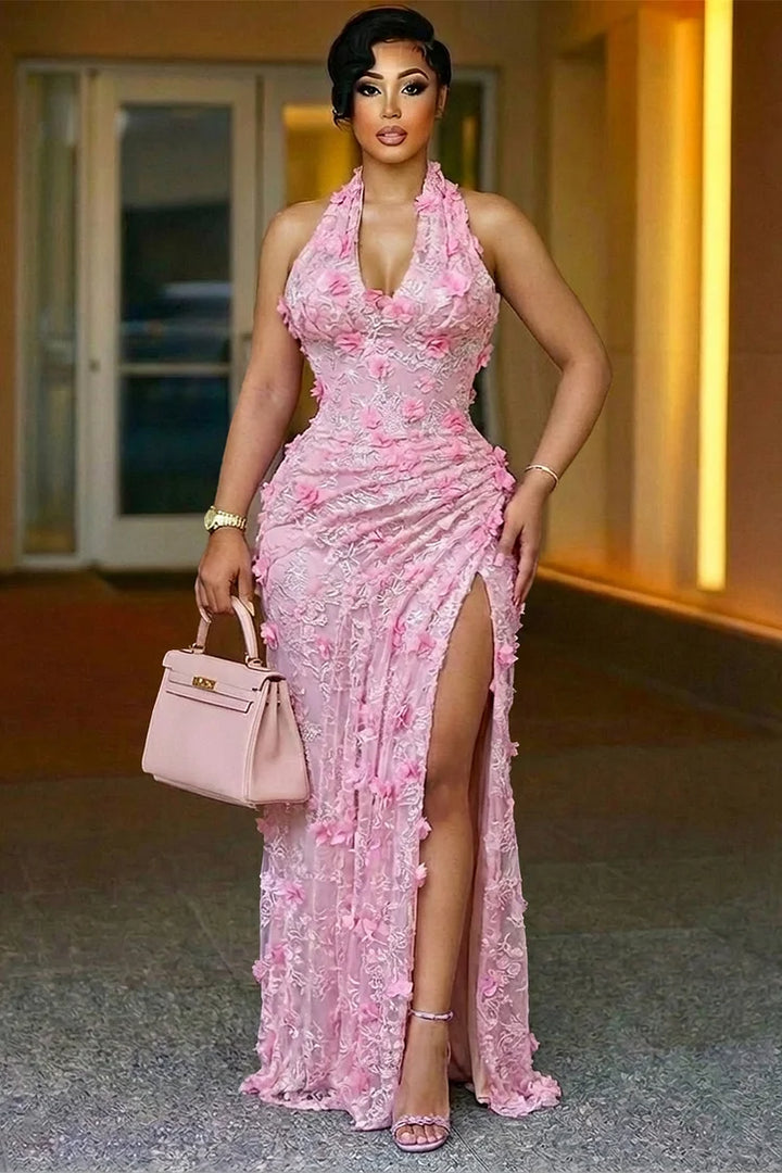 Halter Backless 3D Flower Ruched Slit Party Maxi Dress