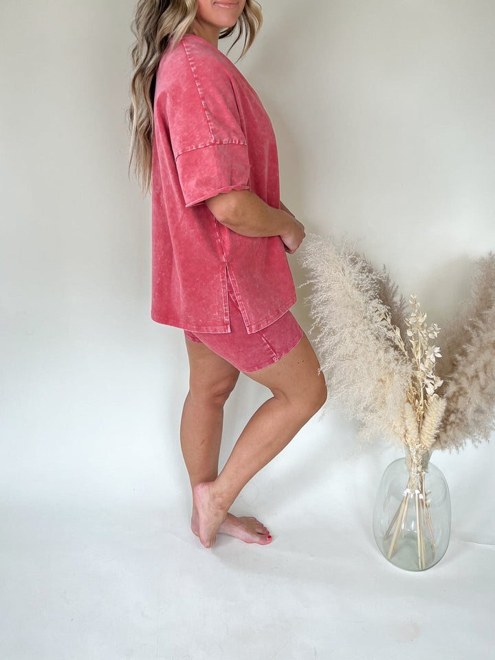 Ariana - Acid Wash Oversized Tee and Biker Shorts Set
