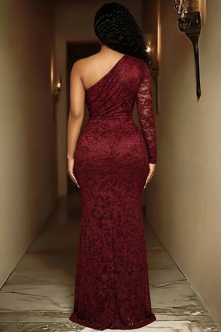 One Shoulder Lace Fishtail Ruched Slit Party Maxi Dress