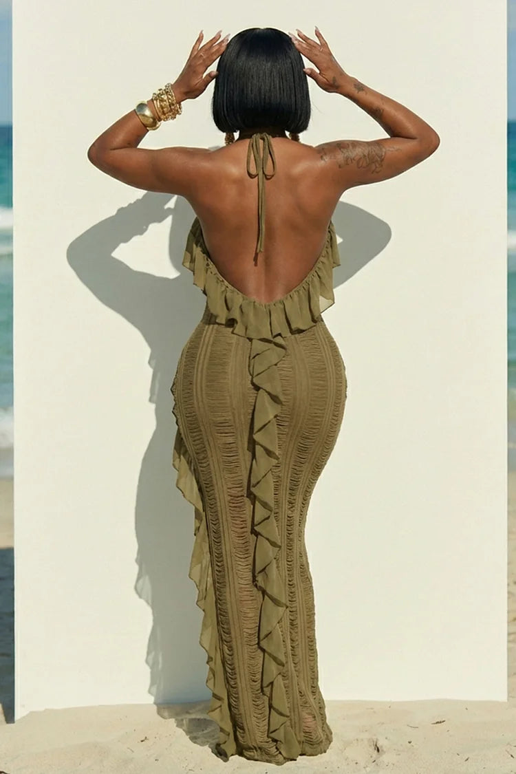 Halter Backless Ruffle Trim Slit Slim Fit Maxi Dress