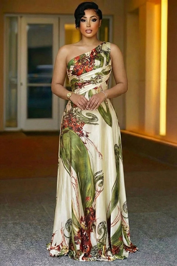 One Shoulder Cinch Waist Flower Print Party Maxi Dress