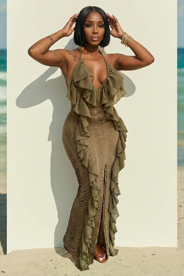 Halter Backless Ruffle Trim Slit Slim Fit Maxi Dress